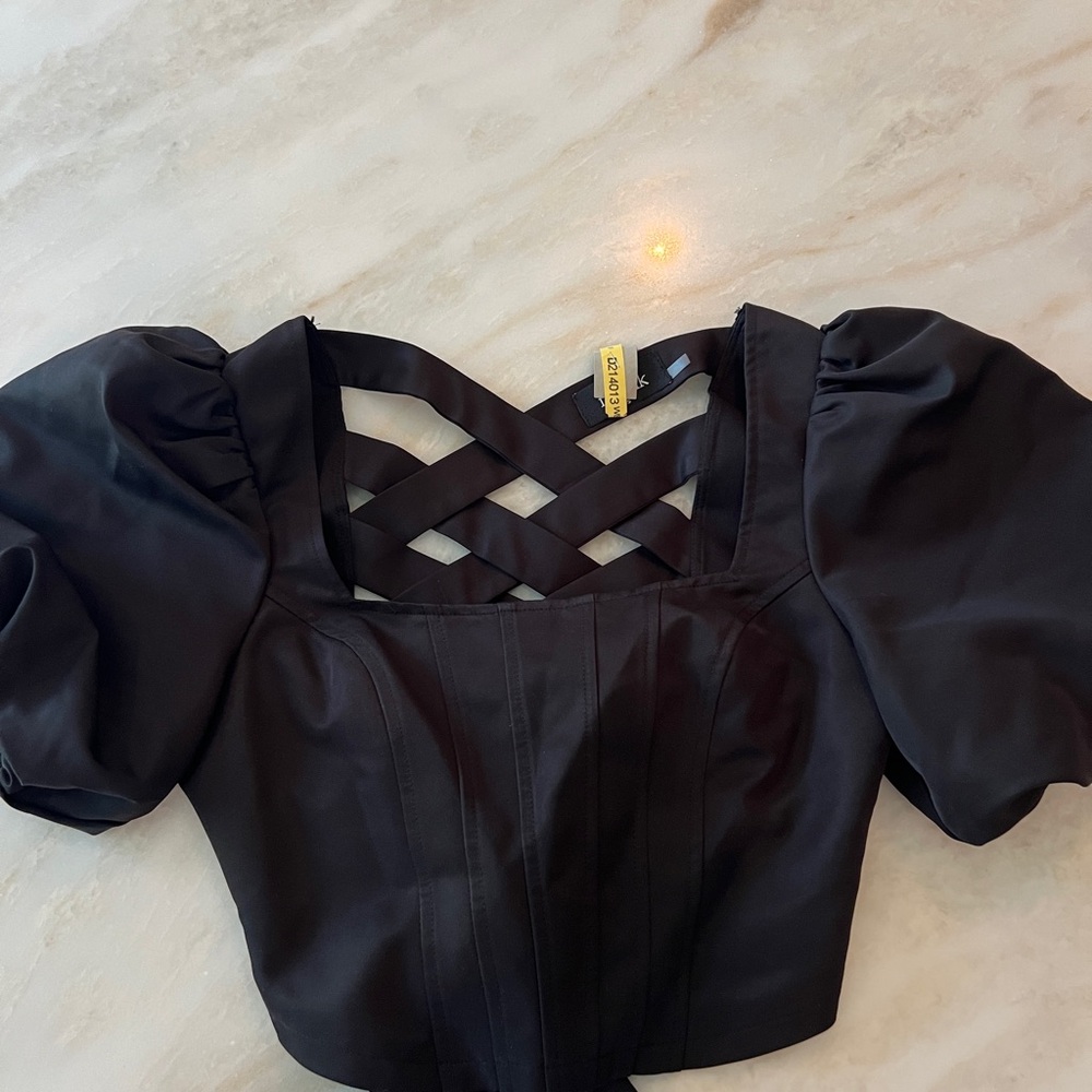 fab'rik Black Criss-Cross Puff Sleeve crop top